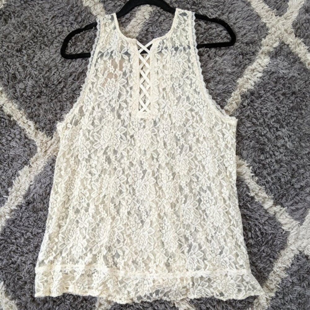 NWT American Eagle Outfitters Sheer Mesh Lace Cross Back Sleeveless Tank Size L